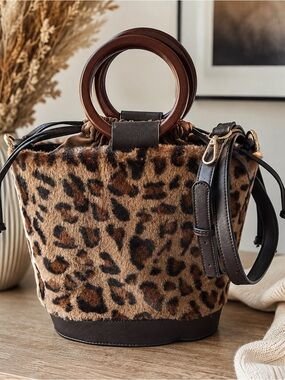 Leopard Faux-Fur Bucket Bag With Wood Handles And Leather Trim